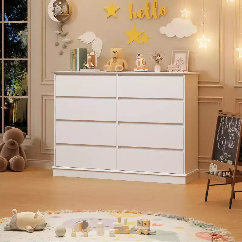 Commode à 8 tiroirs pour chambre à coucher, commode avec tiroirs profonds, grande commode double pour placard avec plateau large, commode horizontale en bois