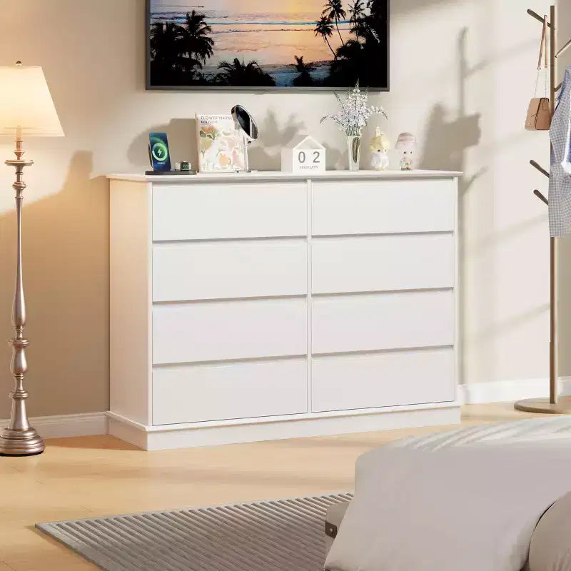 Commode à 8 tiroirs pour chambre à coucher, commode avec tiroirs profonds, grande commode double pour placard avec plateau large, commode horizontale en bois