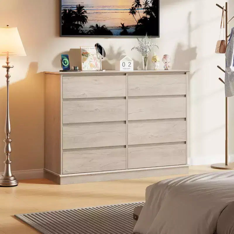 Commode à 8 tiroirs pour chambre à coucher, commode avec tiroirs profonds, grande commode double pour placard avec plateau large, commode horizontale en bois