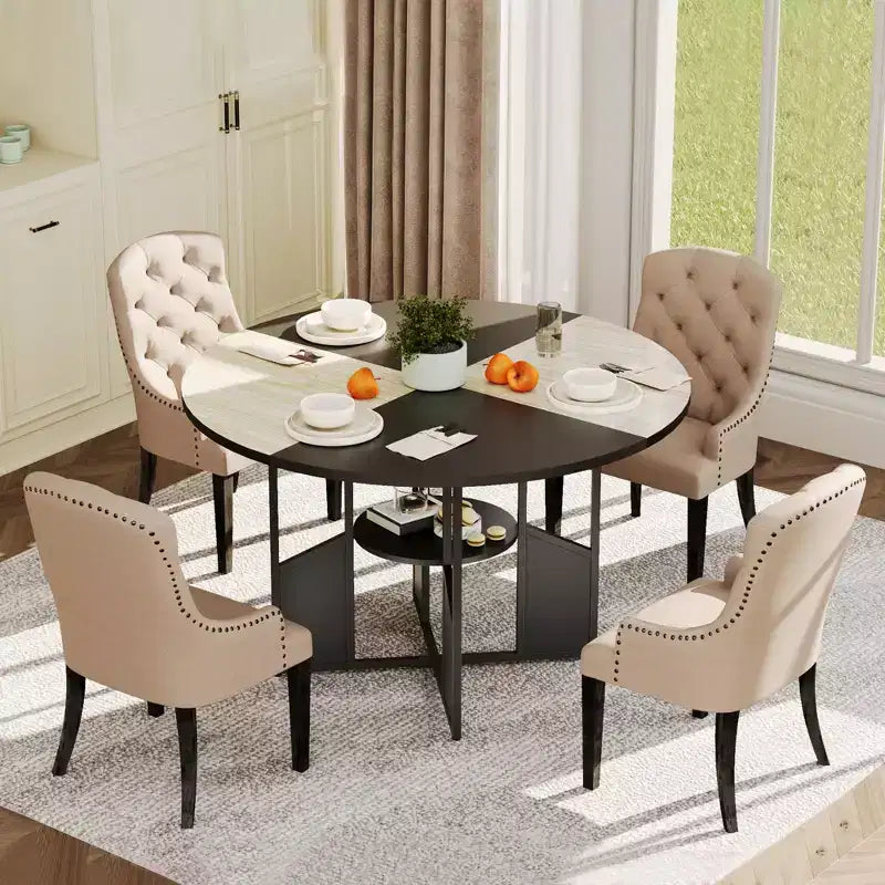Table à manger ronde pour 4-6 personnes, table de cuisine de 150 cm avec étagère de rangement, table de dîner circulaire avec base, table de petit-déjeuner en bois, sans chaises