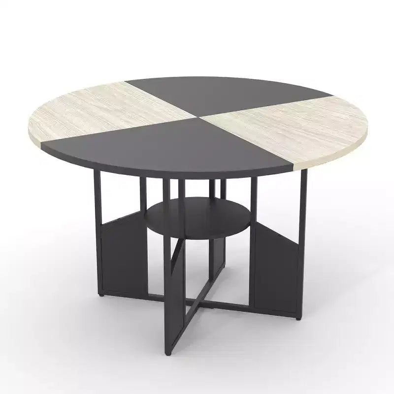 Table à manger ronde pour 4-6 personnes, table de cuisine de 150 cm avec étagère de rangement, table de dîner circulaire avec base, table de petit-déjeuner en bois, sans chaises