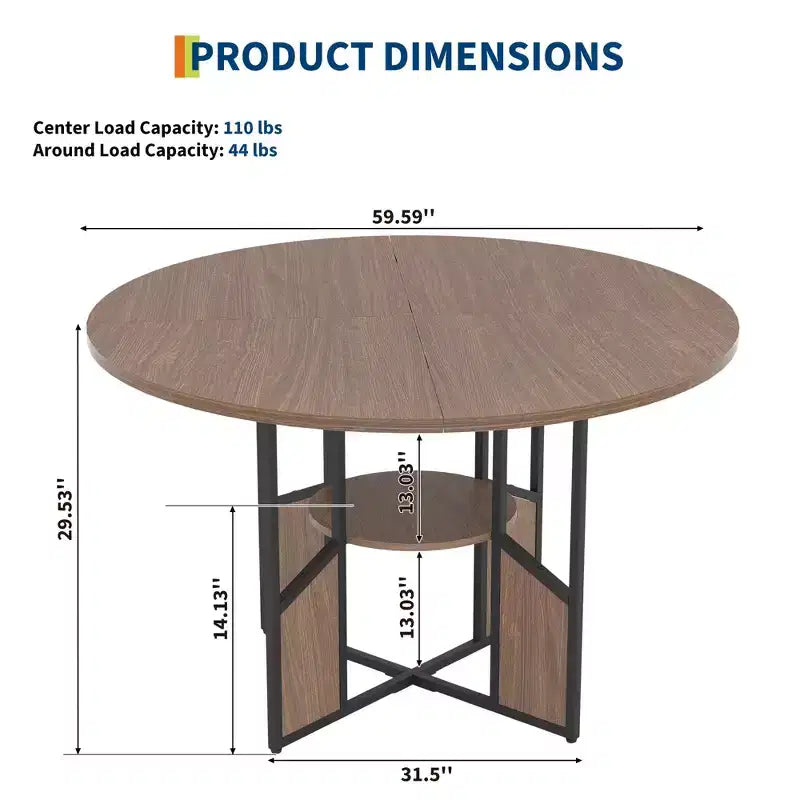 Table à manger ronde pour 4-6 personnes, table de cuisine de 150 cm avec étagère de rangement, table de dîner circulaire avec base, table de petit-déjeuner en bois, sans chaises