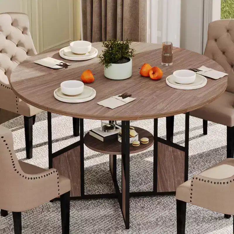 Table à manger ronde pour 4-6 personnes, table de cuisine de 150 cm avec étagère de rangement, table de dîner circulaire avec base, table de petit-déjeuner en bois, sans chaises