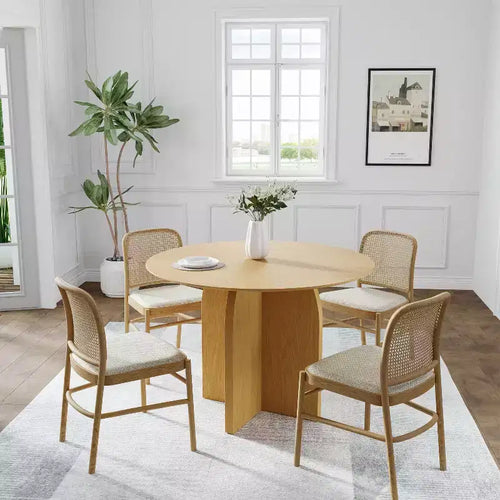 Table à manger ronde en bois massif de 42 x 42 po, finition naturelle et pieds élégants arqués pour salles à manger et cuisines modernes