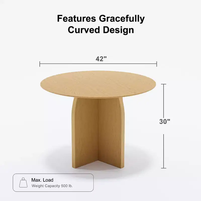 Table à manger ronde en bois massif de 42 x 42 po, finition naturelle et pieds élégants arqués pour salles à manger et cuisines modernes