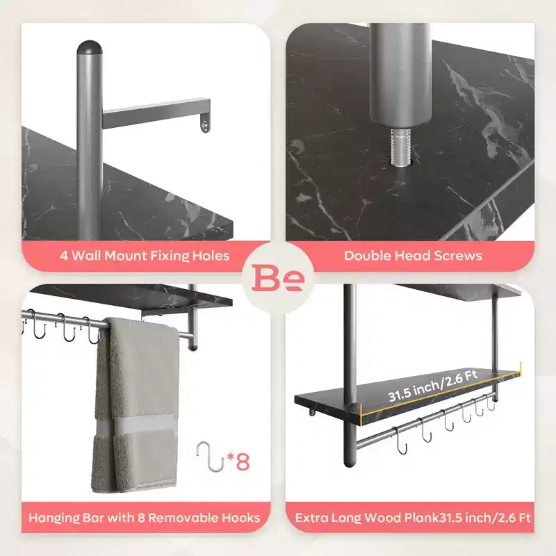 Étagère murale industrielle à 2 niveaux, support pour plantes, étagère de boulanger avec 8 crochets en S