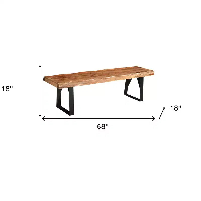 Banc de salle à manger 68 po en bois massif et métal, au bord naturel, noir et marron