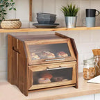 Bread Box, Double Layer Acacia Wooden Bread Bin with Clear Acrylic Door Panel, Air Vents, Countertop Bread Container, Rustic Brown Bread Holder