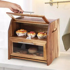 Boîte à Pain, Boîte à Pain Double Couche en Bois d'Acacia avec Panneau de Porte en Acrylique Transparent, Évents d'Aération, Récipient à Pain de Comptoir, Support à Pain Marron Rustique