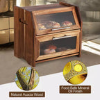 Boîte à Pain, Boîte à Pain Double Couche en Bois d'Acacia avec Panneau de Porte en Acrylique Transparent, Évents d'Aération, Récipient à Pain de Comptoir, Support à Pain Marron Rustique