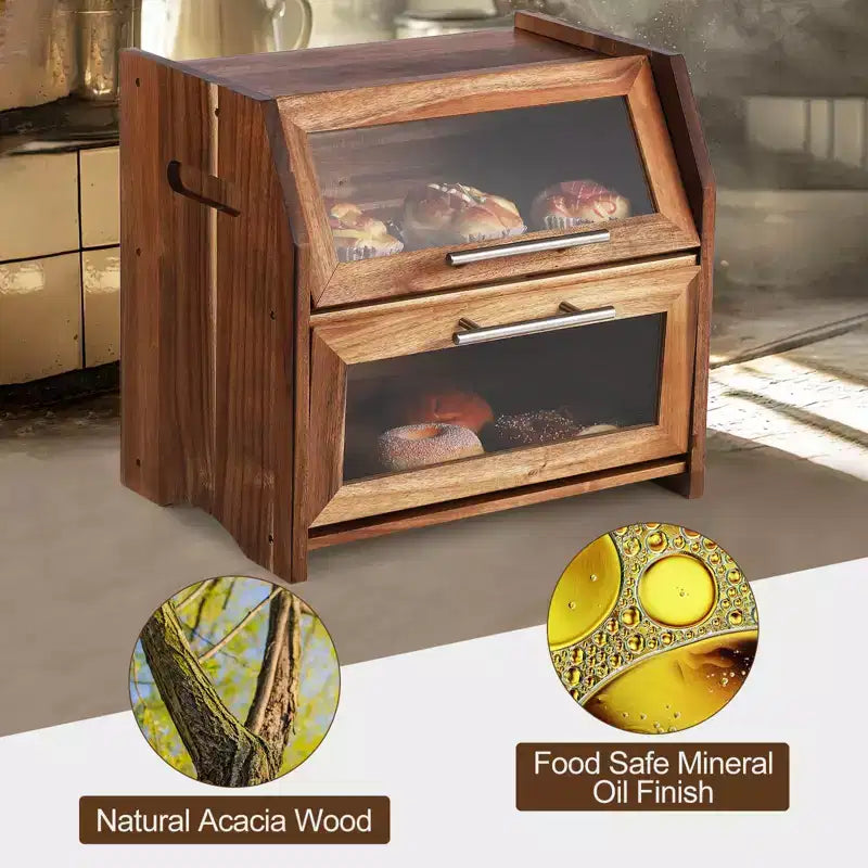 Boîte à pain, double couche, en bois d'acacia, avec panneau de porte en acrylique transparent, aérations, conteneur à pain de comptoir, porte-pain marron rustique