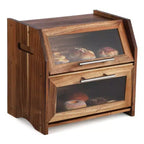 Boîte à Pain, Boîte à Pain Double Couche en Bois d'Acacia avec Panneau de Porte en Acrylique Transparent, Évents d'Aération, Récipient à Pain de Comptoir, Support à Pain Marron Rustique