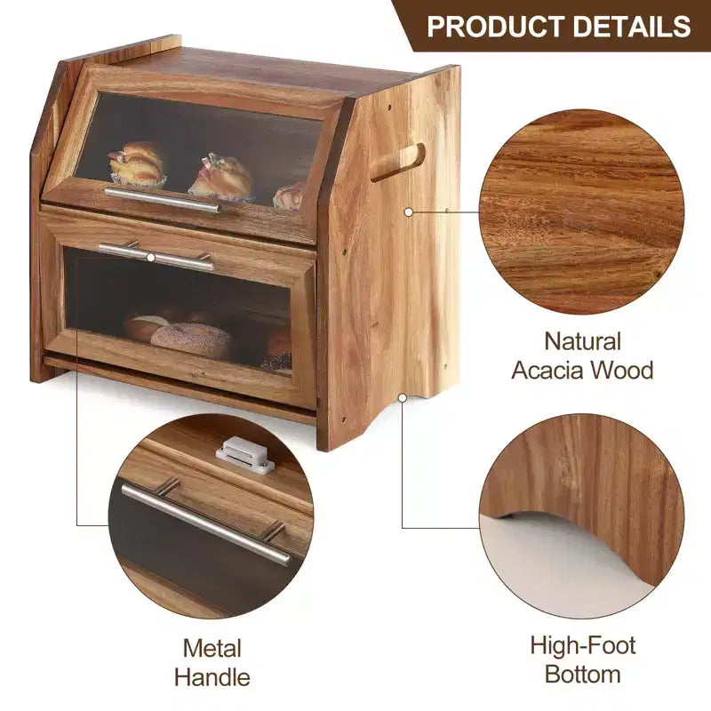 Boîte à pain, double couche, en bois d'acacia, avec panneau de porte en acrylique transparent, aérations, conteneur à pain de comptoir, porte-pain marron rustique