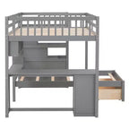 Lit superposé double sur simple avec bureau intégré, étagères, tiroirs multiples et escalier de rangement