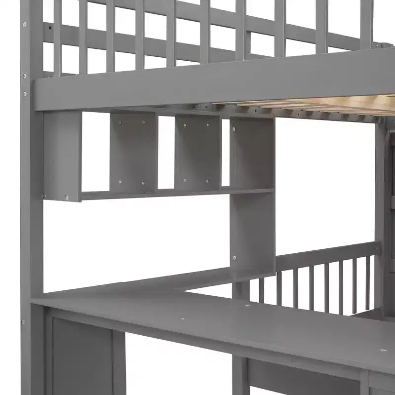 Lit superposé double sur simple avec bureau intégré, étagères, tiroirs multiples et escalier de rangement