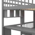 Lit superposé double sur simple avec bureau intégré, étagères, tiroirs multiples et escalier de rangement