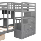 Lit superposé double sur simple avec bureau intégré, étagères, tiroirs multiples et escalier de rangement