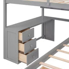 Lit superposé double sur simple avec bureau intégré, étagères, tiroirs multiples et escalier de rangement