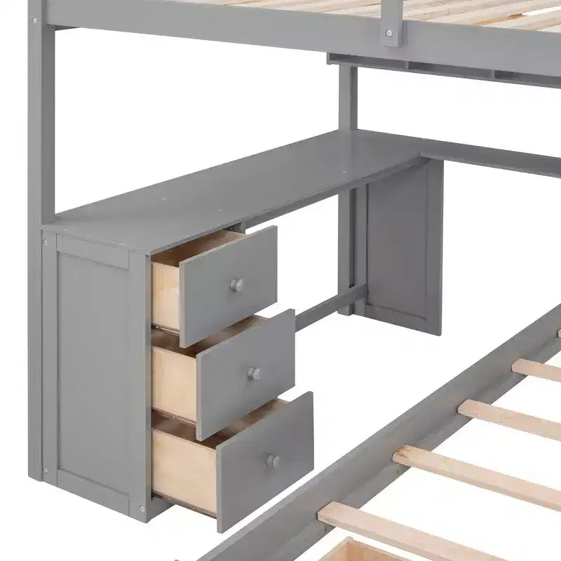 Lit superposé double sur simple avec bureau intégré, étagères, tiroirs multiples et escalier de rangement