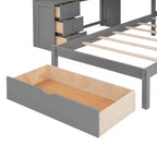 Lit superposé double sur simple avec bureau intégré, étagères, tiroirs multiples et escalier de rangement