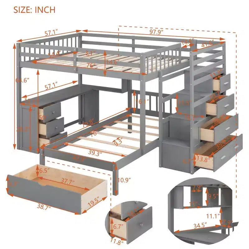 Lit superposé double sur simple avec bureau intégré, étagères, tiroirs multiples et escalier de rangement