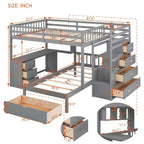 Lit superposé double sur simple avec bureau intégré, étagères, tiroirs multiples et escalier de rangement