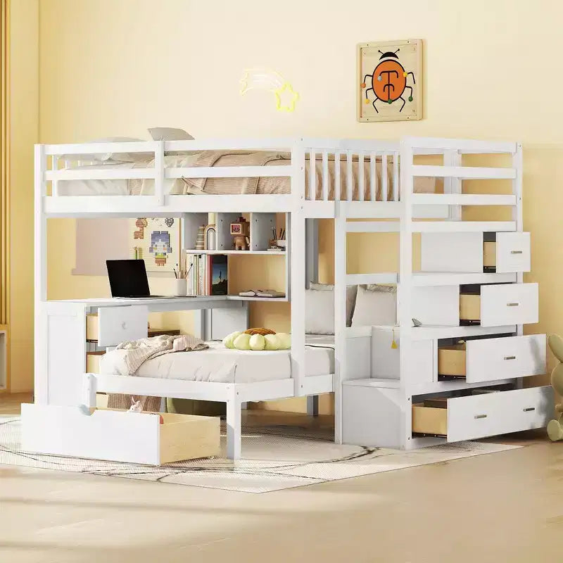 Lit superposé double sur simple avec bureau intégré, étagères, tiroirs multiples et escalier de rangement