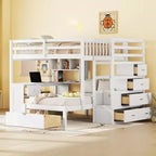 Lit superposé double sur simple avec bureau intégré, étagères, tiroirs multiples et escalier de rangement