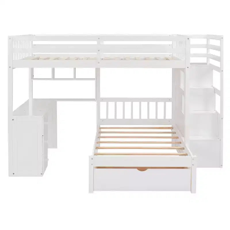Lit superposé double sur simple avec bureau intégré, étagères, tiroirs multiples et escalier de rangement