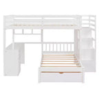Lit superposé double sur simple avec bureau intégré, étagères, tiroirs multiples et escalier de rangement
