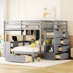Lit superposé double sur simple avec bureau intégré, étagères, tiroirs multiples et escalier de rangement
