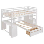 Lit superposé double sur simple avec bureau intégré, étagères, tiroirs multiples et escalier de rangement