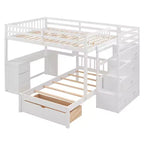 Lit superposé double sur simple avec bureau intégré, étagères, tiroirs multiples et escalier de rangement