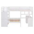 Lit superposé double sur simple avec bureau intégré, étagères, tiroirs multiples et escalier de rangement