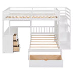Lit superposé double sur simple avec bureau intégré, étagères, tiroirs multiples et escalier de rangement