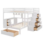 Lit superposé double sur simple avec bureau intégré, étagères, tiroirs multiples et escalier de rangement