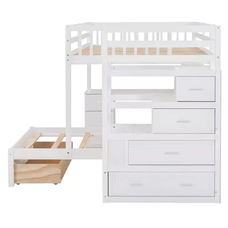 Lit superposé double sur simple avec bureau intégré, étagères, tiroirs multiples et escalier de rangement
