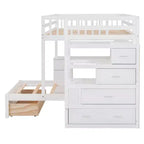 Lit superposé double sur simple avec bureau intégré, étagères, tiroirs multiples et escalier de rangement