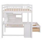 Lit superposé double sur simple avec bureau intégré, étagères, tiroirs multiples et escalier de rangement