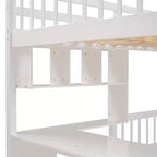 Lit superposé double sur simple avec bureau intégré, étagères, tiroirs multiples et escalier de rangement