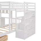 Lit superposé double sur simple avec bureau intégré, étagères, tiroirs multiples et escalier de rangement