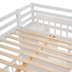 Lit superposé double sur simple avec bureau intégré, étagères, tiroirs multiples et escalier de rangement