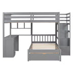 Lit superposé double sur simple avec bureau intégré, étagères, tiroirs multiples et escalier de rangement