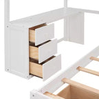 Lit superposé double sur simple avec bureau intégré, étagères, tiroirs multiples et escalier de rangement