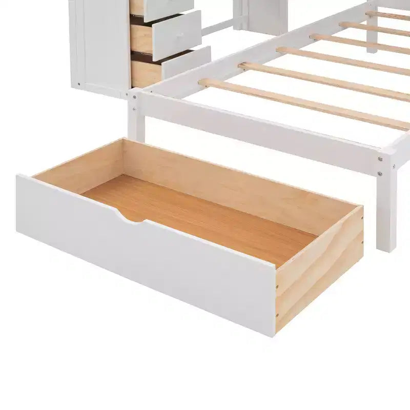 Lit superposé double sur simple avec bureau intégré, étagères, tiroirs multiples et escalier de rangement