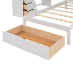 Lit superposé double sur simple avec bureau intégré, étagères, tiroirs multiples et escalier de rangement