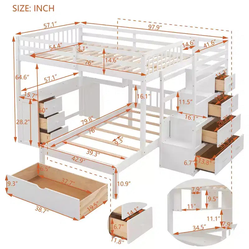 Lit superposé double sur simple avec bureau intégré, étagères, tiroirs multiples et escalier de rangement