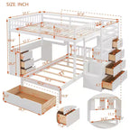 Lit superposé double sur simple avec bureau intégré, étagères, tiroirs multiples et escalier de rangement