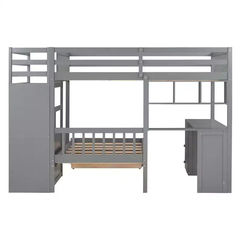 Lit superposé double sur simple avec bureau intégré, étagères, tiroirs multiples et escalier de rangement