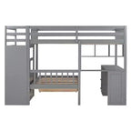Lit superposé double sur simple avec bureau intégré, étagères, tiroirs multiples et escalier de rangement